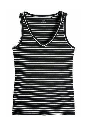 Schwarz-weiß gestreides Tanktop mit V-Ausschnitt, das über eine gerippte Textur und kontrastierende Abschlüsse an den Armöffnungen und dem Ausschnitt verfügt.