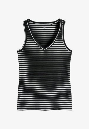 Stribet top i sort og hvid med V-hals, der har en ribbet tekstur og kontrasterende kant langs ærmegabene og halsudskæringen.