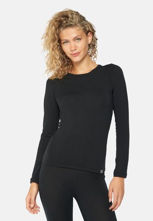 Black long-sleeve ribbed top with a rounded neckline, soft texture, and slim fit, featuring a small logo tag near the hem.