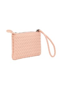 Clutch din piele roz țesută, cu închidere cu fermoar și un mâner împletit, având o textură netedă și o formă rectangulară.