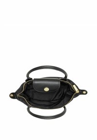 Czarna skórzana torebka na ramię z dwoma krótkimi uchwytami, zamkiem błyskawicznym, wyściółką z tkaniny oraz małą zewnętrzną kieszonką na klapkę z złotym guzikiem.