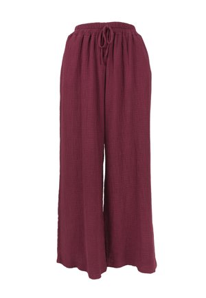 Burgunderfarbene weit geschnittene Hosen aus strukturiertem Material mit elastischem Bund und Kordelzug. Sie zeichnen sich durch ein entspanntes, fließendes Design aus.