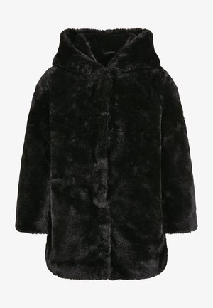 Sort plyssede pelslignende frakke med lange ærmer og en stor hætte, designet til varme og stil.