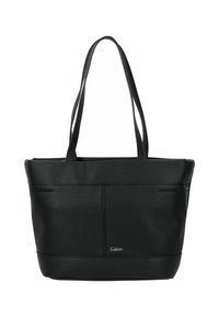 Borsa tote in pelle nera con finitura testurizzata, doppie cinghie per la spalla e tasche frontali. Presenta un discreto dettaglio del logo alla base.