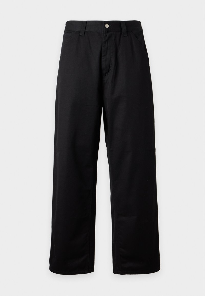 Black wide-leg pants with belt loops, front button, and zip closure, displayed against a plain light background.