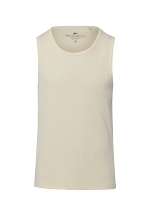Beiger ärmelloser gerippter Baumwoll-Tanktop mit rundem Ausschnitt, Größe Medium, mit Nils Sundström Stockholm Markenlabel innen.