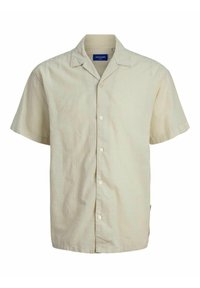 Kortærmet button-up skjorte i lys beige med en diskret stribet mønster, der har en camp collar og fem knapper foran. Blødt bomuldsstof.
