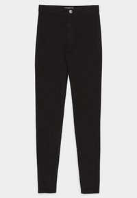 Černé jeansy z denimu s přiléhavým střihem, zapínáním na knoflíky a pětiprstovým stylem kapes. Hladká textura s minimálním viditelným šitím.