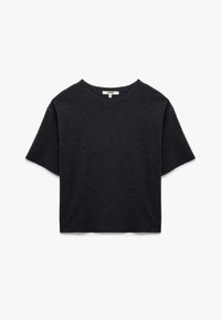 Dunkelgraues, kurzärmeliges T-Shirt aus weichem Material. Hat einen runden Halsausschnitt und eine lockere, kastige Passform. Keine sichtbaren Muster oder Akzente.