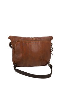 Brown leather messenger bag with a slouchy design, featuring a zippered top, adjustable strap, and subtle stitching details.