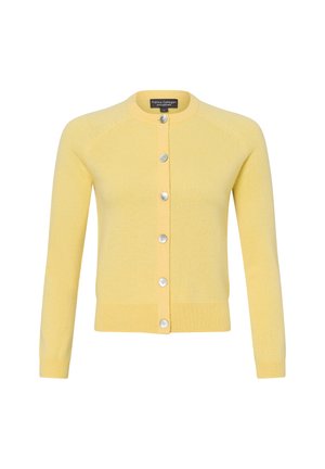 Yellow knitted cardigan with a round neckline, long sleeves, and front button closure featuring six silver buttons along the placket.