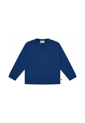 Langärmeliges Rundhals-Shirt in einfarbigem Dunkelblau mit kleinem mehrfarbigem Etikett an der unteren rechten Seite.