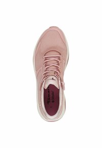 Light pink athletic shoe with a mesh upper, lace-up closure, padded collar, and white rubber sole. Features textured patterns on the upper.