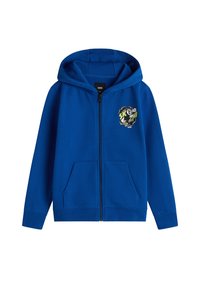 Sudadera con cremallera azul hecha de una mezcla de algodón, presenta un gráfico de logo en la parte frontal, dos bolsillos delanteros y una capucha con cordones.