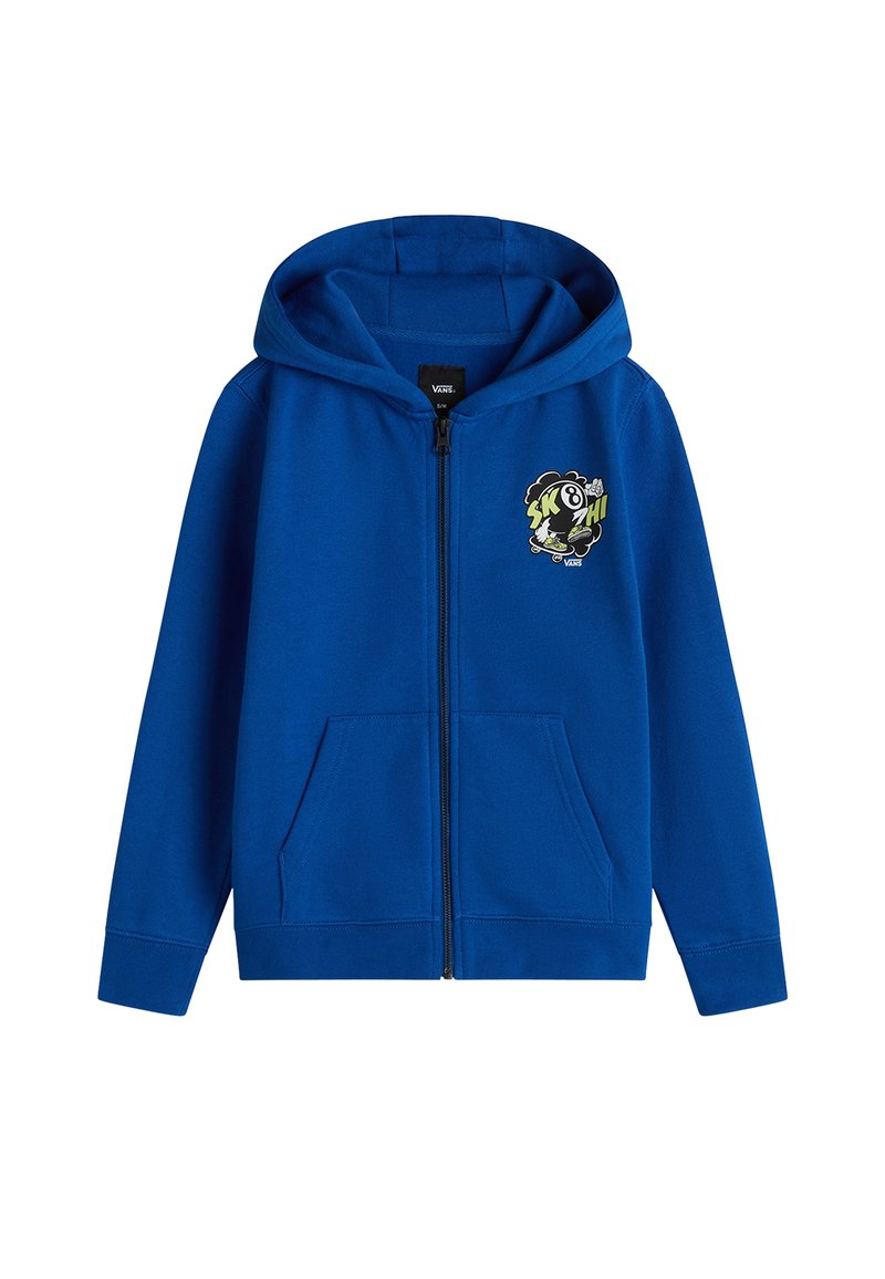 Sudadera con cremallera azul hecha de una mezcla de algodón, presenta un gráfico de logo en la parte frontal, dos bolsillos delanteros y una capucha con cordones.