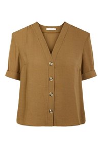 Blouse à manches courtes avec un décolleté en V profond, de couleur brun chaud, dotée de cinq boutons sur le devant et de poignets retroussés. Tissu texturé.