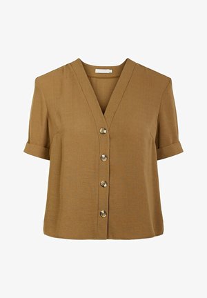 Blouse met korte mouwen en diepe V-hals in een warme bruine kleur, met vijf knopen aan de voorkant en opgerolde manchetten. Gestructureerde stof.