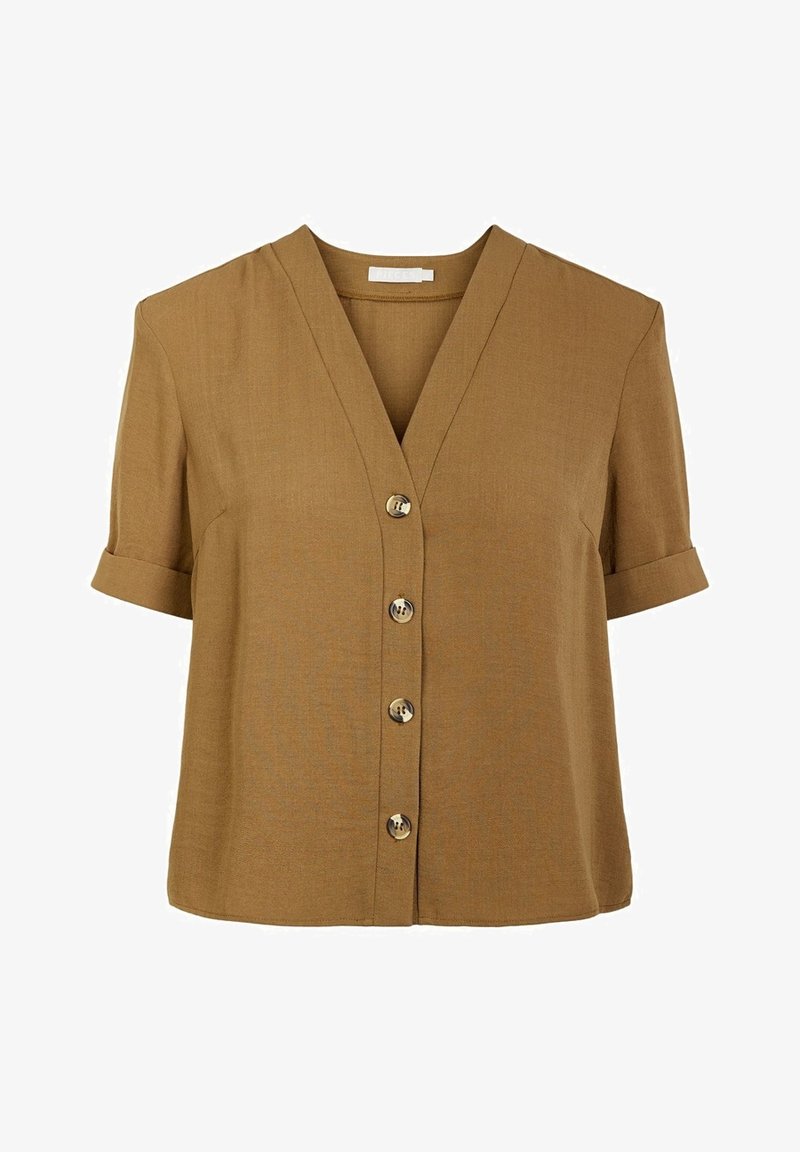 Blouse à manches courtes avec un décolleté en V profond, de couleur brun chaud, dotée de cinq boutons sur le devant et de poignets retroussés. Tissu texturé.