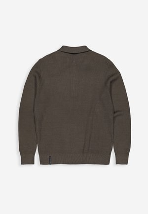 Olivgrüner Strickcardigan mit Kragen, verfügt über eine gerippte Textur und lange Ärmel. Der Saum enthält ein kleines Markenetikett.