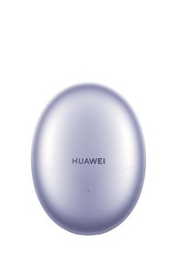 Huawei kabellose Ohrhörer, oval geformt, metallisch lila Oberfläche, glatte Textur, mit Logodesign, minimalistische Designelemente.