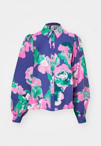 Langermet skjorte i lilla med livmelig rosa og grønn blomsterdekor. Inkluderer krage, knappelukking og strukturert stoff.