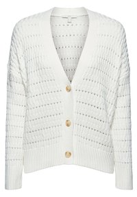 Vitt stickad cardigan med V-ringning, som har ett texturerat mönster, fem knappar och ribbade ärmslut och fåll.