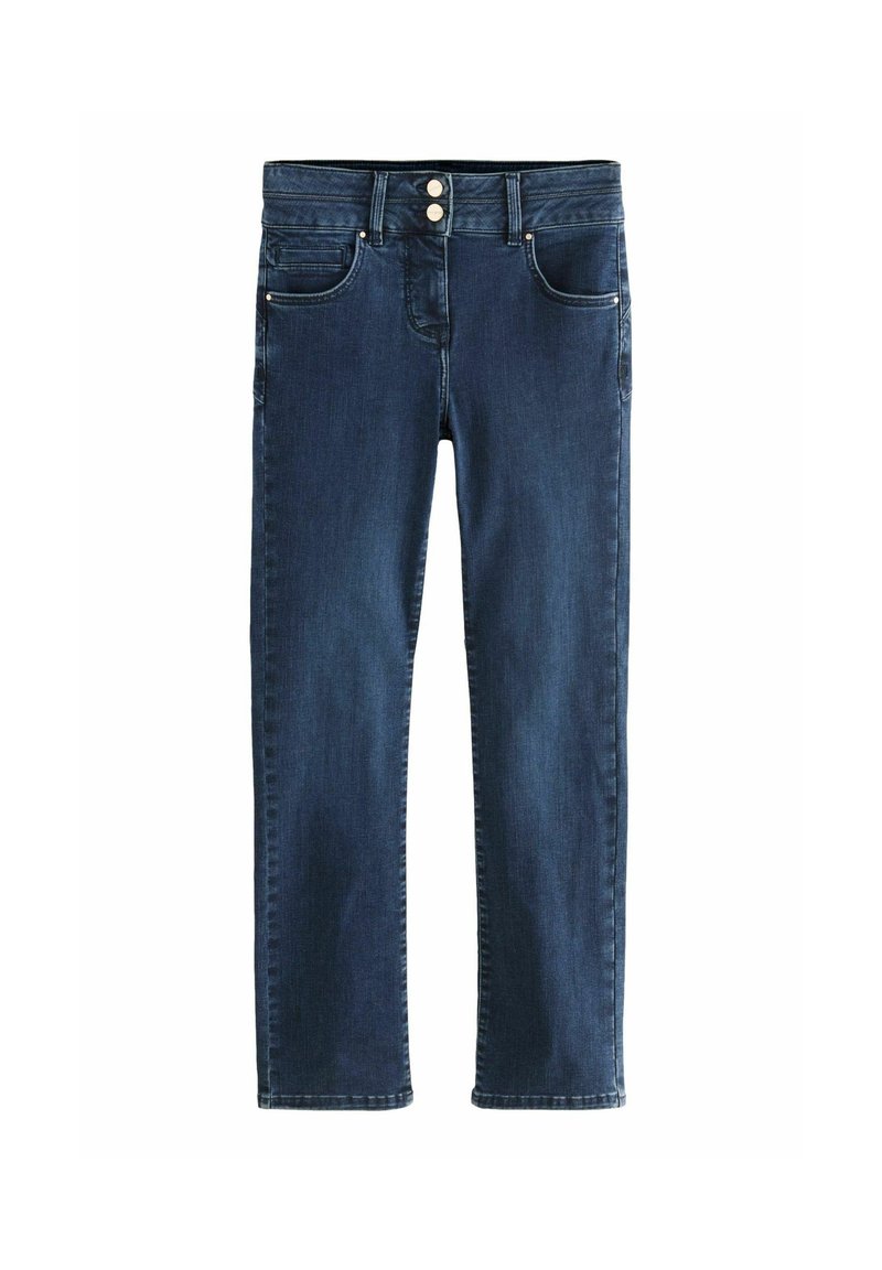 Jeans in denim blu scuro con taglio dritto, due tasche frontali e chiusura con bottone. Tessuto liscio con minimo sbiadimento.