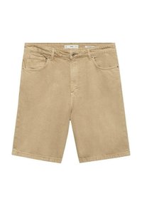 Bež jeans kratke hlače s sproščenim krojem, ki vključujejo pet žepov, zanko za pas in gumbasto zapiranje. Gladka tekstura, dolžina do kolen.