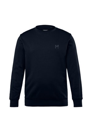 Black long-sleeve crew neck sweatshirt with small "M" logo on the left chest and ribbed cuffs and hem.