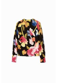 Musta villapaita, jossa on suuret vaaleanpunaiset, keltaiset ja siniset kukkakuviot. Neulottu materiaali, pyöreä pääntie ja pitkät hihat.