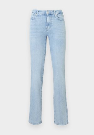 Jeans de cintura alta em azul claro, com pernas retas, fecho frontal em botão e zíper, cinco bolsos e um leve efeito desbotado.