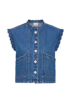 Mouwloos blauw denimvest met ruches aan de kraag en de mouwranden, knoopsluiting aan de voorkant en twee voorzakken.