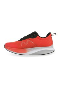 Red and black athletic shoe with a breathable upper, textured finish, and rounded sole. Features a prominent silver wave design on the side.