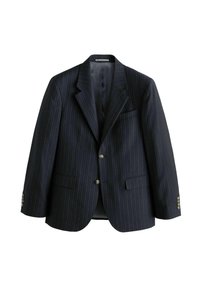 Granatowy marynarka w prążki, wykonana z fakturowanej tkaniny, z klapami, dwiema przednimi kieszeniami i guzikami w złotym kolorze.