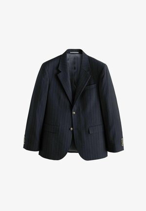 Námořnický blazer s pruhovaným vzorem vyrobený z texturované tkaniny, s klopovým límcem, dvěma předními kapsami a knoflíky v zlatém tónu.