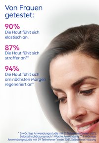 Close-up of a woman's face with dark, smooth hair. Text highlights skin elasticity and firmness percentages in blue and white fonts on a light background.