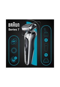 Rasoir Braun Series 7, avec un corps argent métallique et une prise en main noire texturée, comprend une tête avec plusieurs fonctions de rasage illustrées graphiquement.