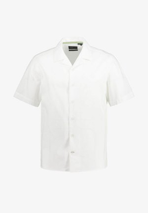 Chemise blanche à manches courtes en lin, dotée d'un col, d'un bouton devant et d'un logo de marque subtil. Texture lisse et coupe décontractée.