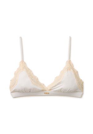 Biały miękki biustonosz trójkątny z beżową koronkową lamówką i cienkimi regulowanymi ramiączkami, z małą złotą metką z logo na środku.