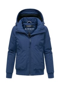 Veste à capuche bleu marine avec fermeture éclair avant, poignets et ourlet côtelés, et deux poches latérales, conçue pour le temps froid.