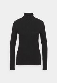 T-shirt à col roulé noir à manches longues en tissu lisse. Il présente une silhouette ajustée et une construction sans coutures. Design simple sans motifs.