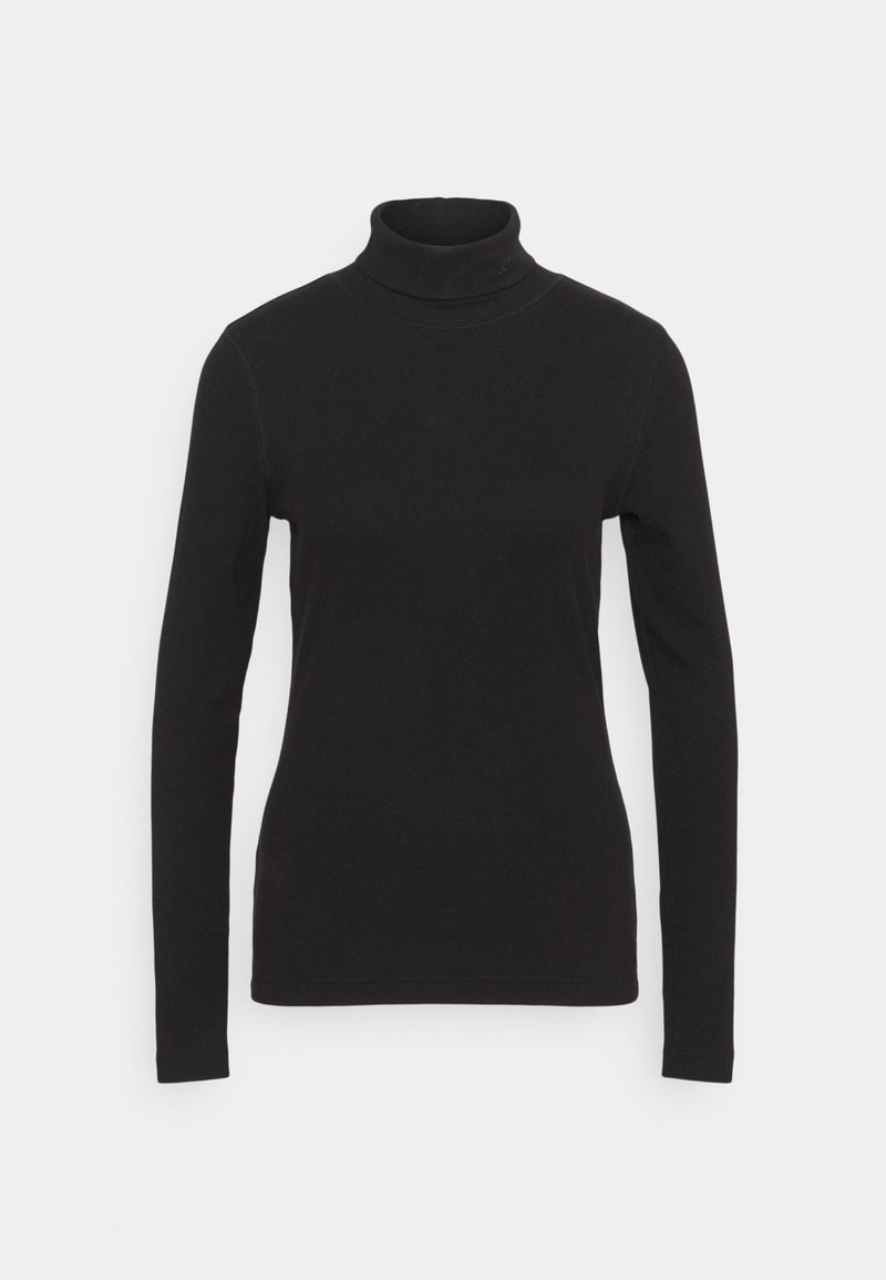 T-shirt à col roulé noir à manches longues en tissu lisse. Il présente une silhouette ajustée et une construction sans coutures. Design simple sans motifs.