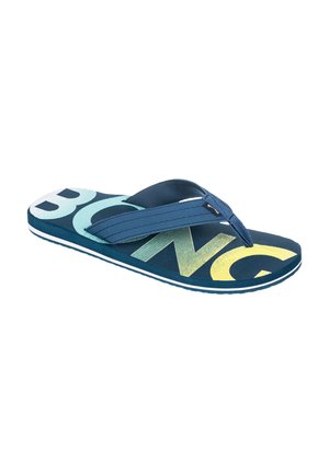 Navy blue flip-flop with large "BONG" graphic in light blue and yellow, textured footbed, and a nylon strap. Flat sole with white accent.