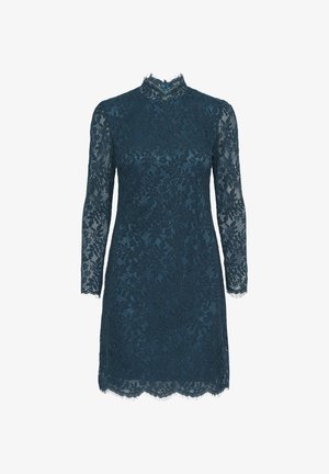 Robes en dentelle turquoise à manches longues, col haut et ourlet festonné. Présente des motifs floraux complexes et une finition texturée.