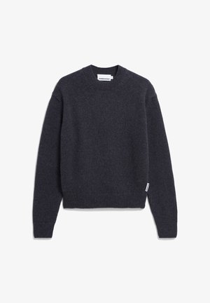 Dark gray knitted sweater with a ribbed round neck and cuffs. Features a cropped design and a small logo tag on the side. Soft texture.