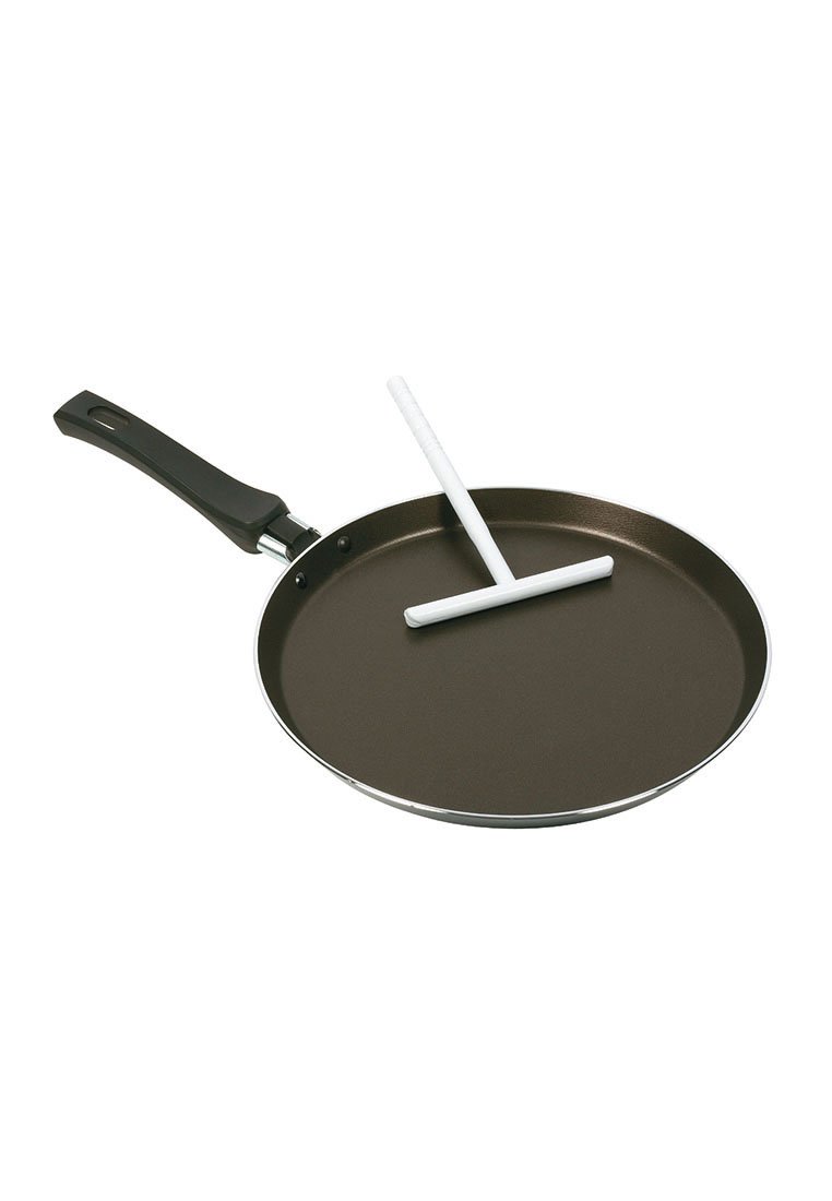 Sartén para crepas antiadherente con un acabado negro, de forma redonda y plana, y una espátula ergonómica blanca. El mango es negro con un agarre texturizado.