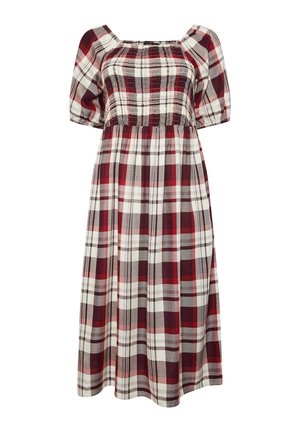 Midi-kjole med pufærmer, smocket firkantet halsudskæring og ternet mønster i rød, hvid og grå.
