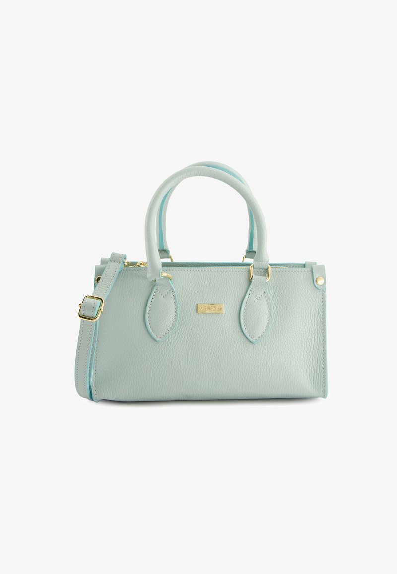 Mintgrüne Kunstlederhandtasche mit zwei Obergriffen, abnehmbarem Schulterriemen, goldenen Beschlägen und subtilen Stichdetails.