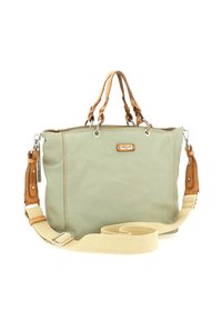 Borsa tote in pelle verde chiaro con manici in pelle intrecciata marrone, tracolla regolabile in tessuto beige e finiture in argento.