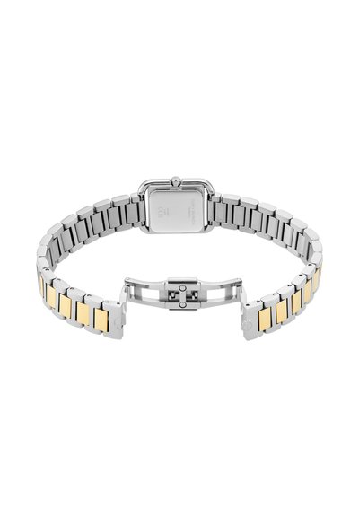 Bracelet de montre en métal argenté et doré avec boucle ouverte et cadran carré retourné montrant les détails du boîtier.